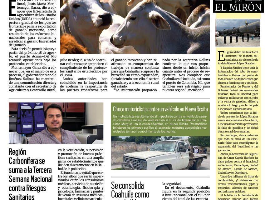 Portada RCG Carbonífera [1 de julio de 2025] Reanudará Coahuila la exportación de ganado a EE. UU.; región Carbonífera se suma a la Tercera Semana Nacional contra Riesgos Sanitarios  y más…