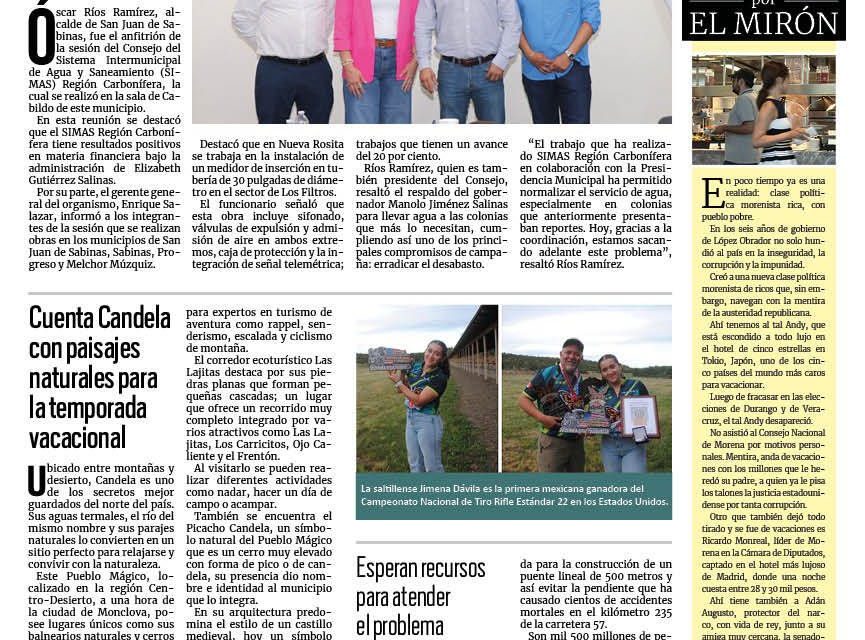 Portada RCG Carbonífera [29 de julio de 2025] SIMAS Región Carbonífera da resultados en abasto de agua; cuenta Candela con paisajes naturales para la temporada vacacional y más…