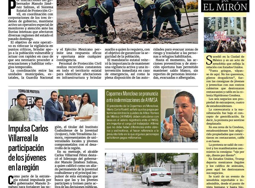 Portada RCG Centro [8 de julio de 2025] Se mantiene activo el operativo de atención a emergencias por lluvias; impulsa Carlos Villarreal la participación de los jóvenes en la región y más…