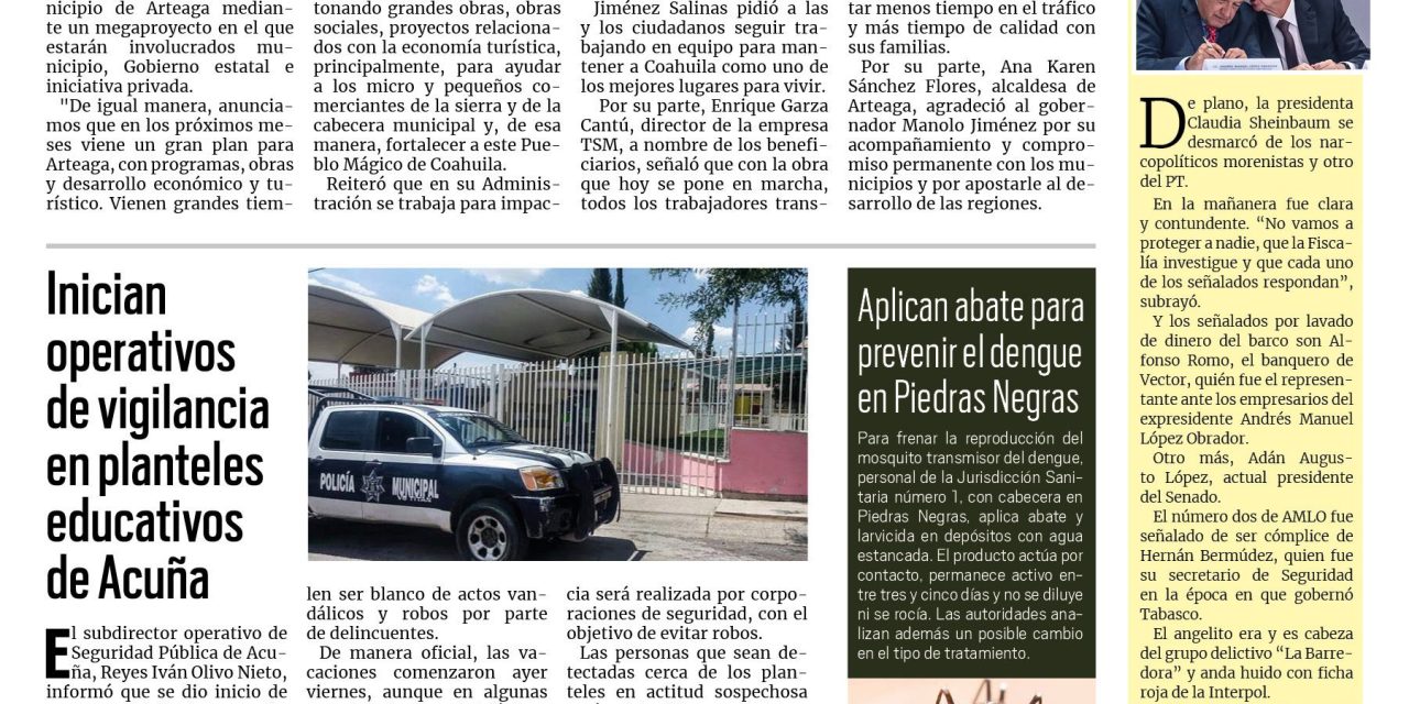Portada RCG Fronteriza [19 de julio de 2025] Coahuila invierte en infraestructura urbana en todas las regiones; certificados de primaria y secundaria pueden descargarse en línea y más…