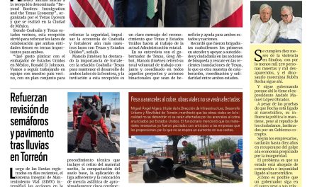 Portada RCG Lagunera [11 de julio de 2025] Plan con EE. UU. fortalecerá la seguridad y la economía: Manolo Jiménez; refuerzan revisión de semáforos y pavimento tras lluvias en Torreón y más…