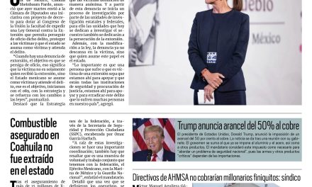 Portada RCG Nacional e Internacional [9 de julio de 2025] Propone Sheinbaum iniciativa para perseguir la extorsión como delito de oficio; combustible asegurado en Coahuila no fue extraído en el estado y más…