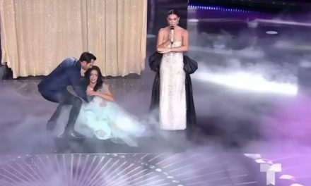 Concursante de ‘Miss Universe Latina’ sufre aparatosa caída en peligroso rego (video)