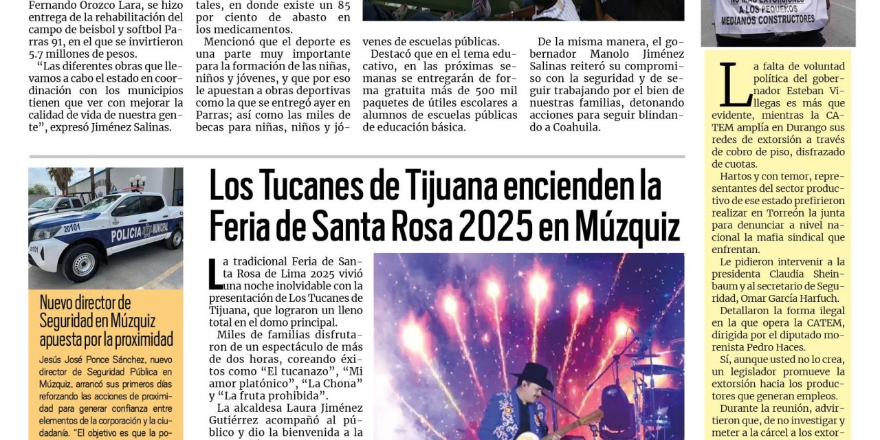 Portada RCG Carbonífera [24 de agosto de 2025] Llevamos más infraestructura social a los municipios: Manolo; Prevén derrama económica de 20 mdp con las Fiestas Grandes de Sabinas y más…