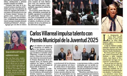 Portada RCG Centro [30 de agosto de 2025] Manolo Jiménez entrega el Premio Estatal ‘Jóvenes Gigantes’ 2025; Carlos Villarreal impulsa talento con Premio Municipal de la Juventud 2025 y más…