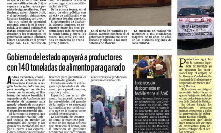 Portada RCG Fronteriza [5 de agosto de 2025] Manolo Jiménez, el gobernador mejor calificado; Gobierno del estado apoyará a productores con 140 toneladas de alimento para ganado y más…