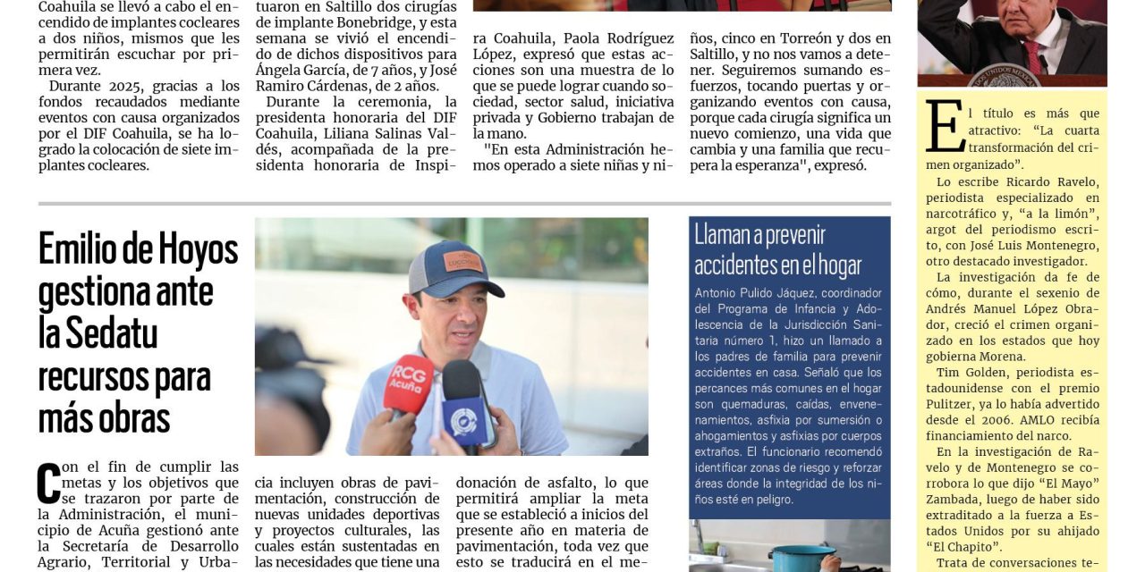Portada RCG Fronteriza [11 de agosto de 2025] DIF Coahuila brinda oportunidades a menores de edad con problemas auditivos; Emilio de Hoyos gestiona ante la Sedatu recursos para obras y más…