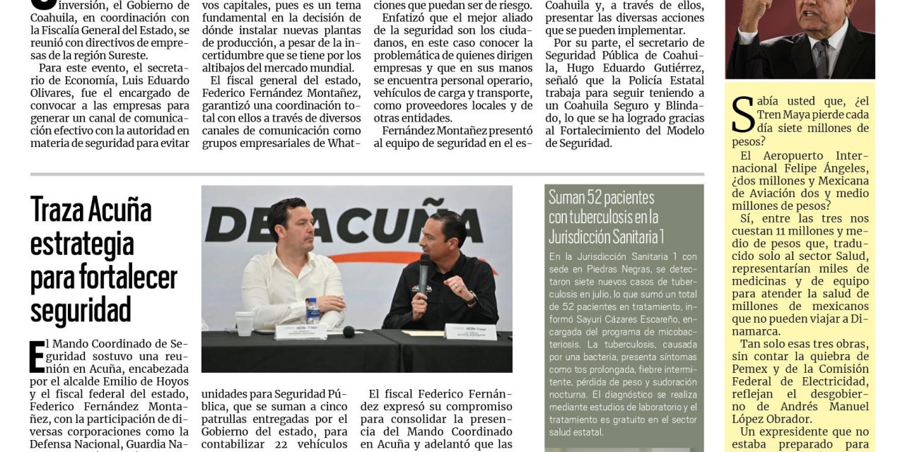 Portada RCG Fronteriza [10 de agosto de 2025] Empresarios destacan el nivel de seguridad en Coahuila; Corona alcalde a la Reina del Adulto Mayor y más…