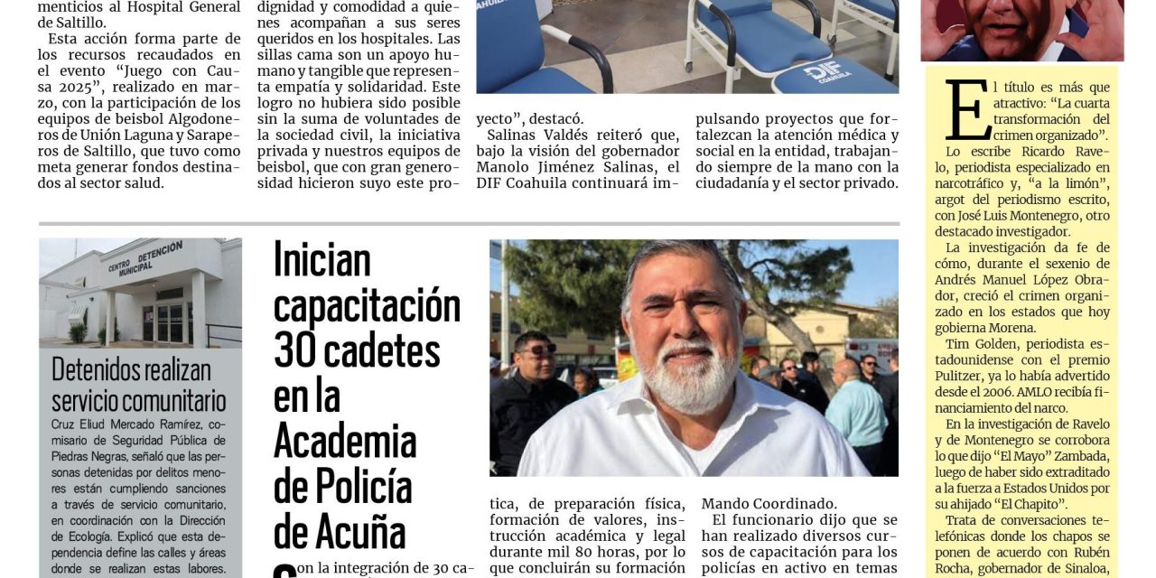 Portada RCG Fronteriza [25 de agosto de 2025] DIF Coahuila entrega aparatos a hospitales generales; inician capacitación 30 cadetes en la Academia de Policía de Acuña y más…