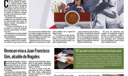 Portada RCG Nacional e Internacional [8 de agosto de 2025] Sheinbaum visitará Nuevo León para  inicio de obras del tren de pasajeros; revocan visa de Juan Francisco Gim, alcalde de Nogales y más…