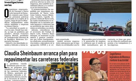 Portada RCG Nacional e Internacional [31 de agosto de 2025] Empresarios de Durango y NL se unen contra extorsiones; Sheinbaum arranca plan para repavimentar todas las carreteras federales y más…