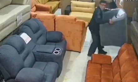 Ratero ingresa a tienda y se roba un sillón en mueblería del Edomex… ¡pero nadie lo detiene!