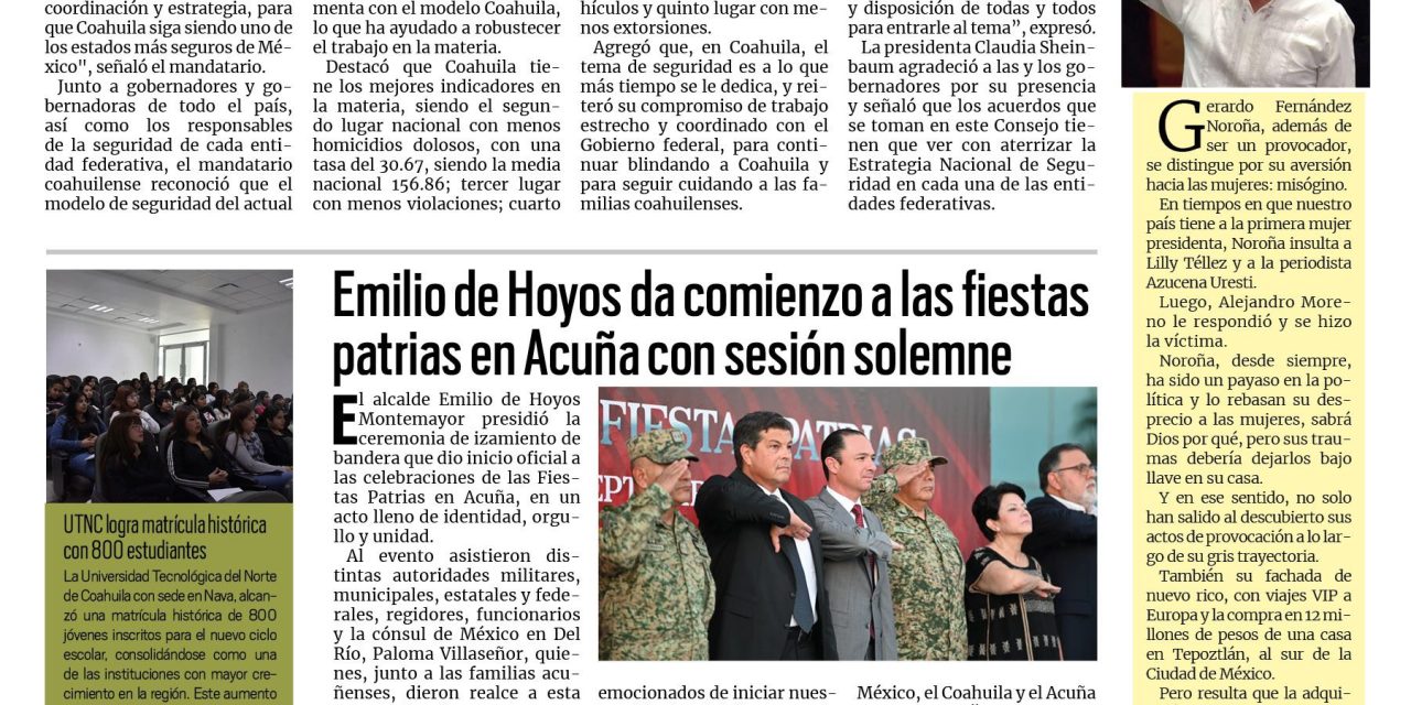 Portada RCG Fronteriza [3 de septiembre de 2025] Destaca Coahuila en el Consejo Nacional de Seguridad; Emilio de Hoyos da comienzo a las fiestas patrias en Acuña con sesión solemne y más…