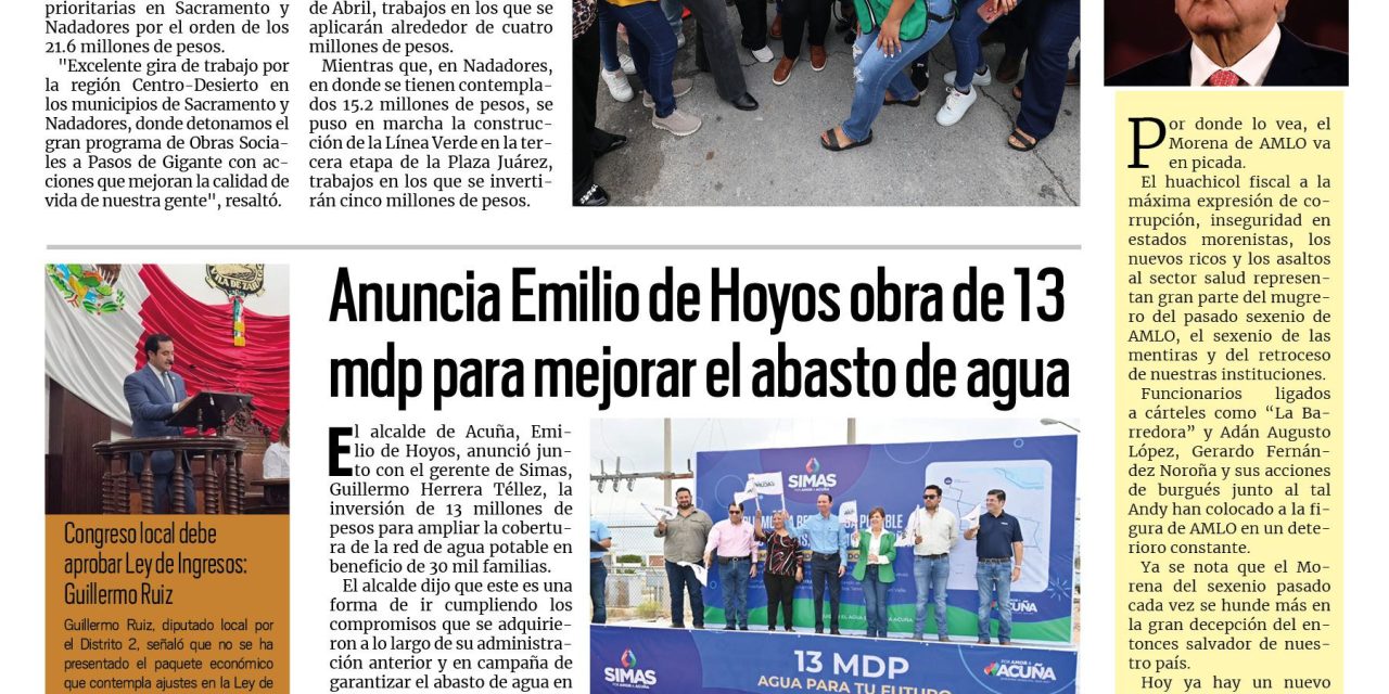 Portada RCG Fronteriza [9 de septiembre de 2025] Manolo Jiménez detona obras en todo Coahuila; anuncia Emilio de Hoyos obra de 13 mdp para mejorar el abasto de agua y más…
