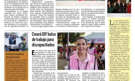 Portada RCG Fronteriza [16 de septiembre de 2025] ‘¡Viva la calidad de vida de Coahuila!’; creará DIF bolsa de trabajo para discapacitados y más…