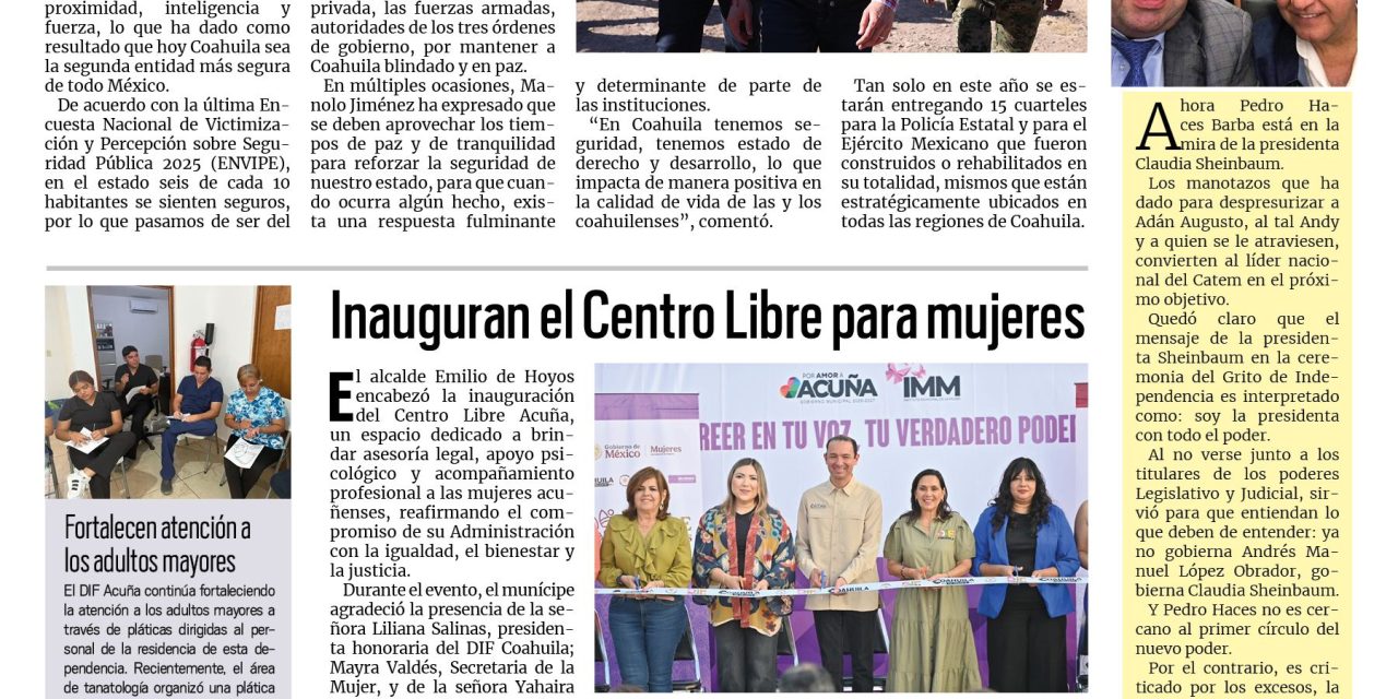 Portada RCG Fronteriza [19 de septiembre de 2025] Se consolida Coahuila como el segundo estado más seguro; inauguran el Centro Libre para mujeres y más…