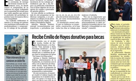 Portada RCG Fronteriza [20 de septiembre de 2025] Manolo Jiménez entrega el Premio Estatal de Periodismo; recibe Emilio de Hoyos donativo para becas y más…