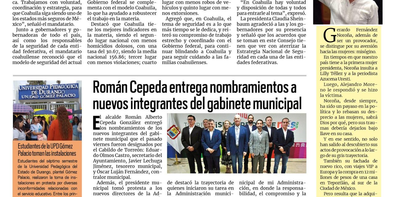 Portada RCG Lagunera [3 de septiembre de 2025] Destaca Coahuila en el Consejo Nacional de Seguridad; Román Cepeda entrega nombramientos a nuevos integrantes del gabinete municipal y más…
