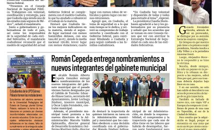 Portada RCG Lagunera [3 de septiembre de 2025] Destaca Coahuila en el Consejo Nacional de Seguridad; Román Cepeda entrega nombramientos a nuevos integrantes del gabinete municipal y más…