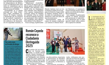 Portada RCG Lagunera [16 de septiembre de 2025] ‘¡Viva la calidad de vida de Coahuila!’; Román Cepeda reconoce a Ciudadanía Distinguida 2025 y más…