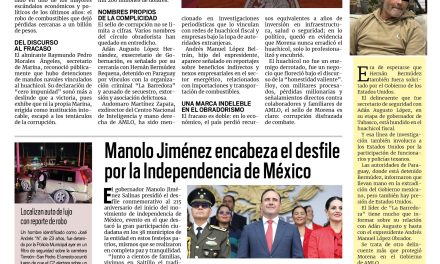 Portada RCG Lagunera [17 de septiembre de 2025] Huachicol, sello de corrupción en gobiernos de Morena; Manolo Jiménez encabeza el desfile por la Independencia de México y más…