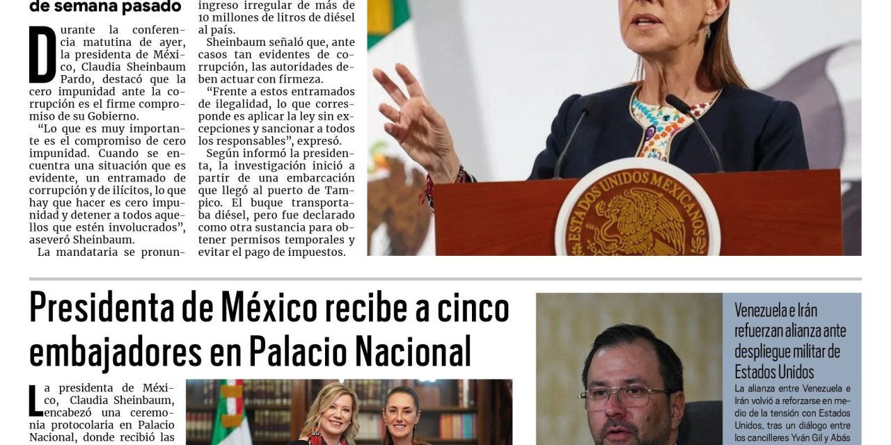 Portada RCG Nacional e Internacional [9 de septiembre de 2025] Cero impunidad a la corrupción: Claudia Sheinbaum; presidenta recibe a cinco embajadores en Palacio Nacional y más…