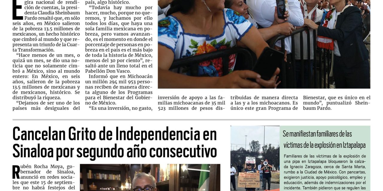 Portada RCG Nacional e Internacional [15 de septiembre de 2025] En México salieron de la pobreza 13.5 millones de mexicanos; cancelan Grito de Independencia en Sinaloa por segundo año consecutivo y más…