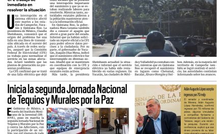 Portada RCG Nacional e Internacional [27 de septiembre de 2025] Falla en línea de transmisión deja a Campeche, Yucatán y Quintana Roo sin luz; inicia la segunda Jornada Nacional de Tequios y Murales por la Paz y más…