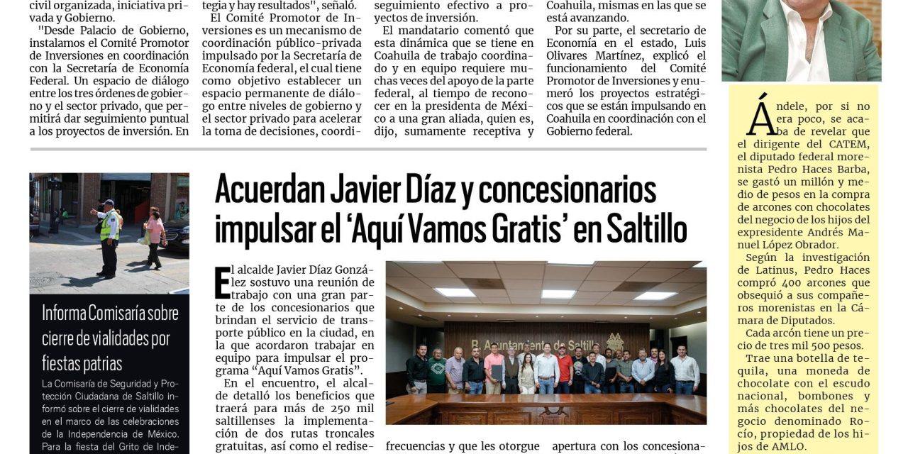 Portada RCG Media [13 de septiembre de 2025] Gobierno de Coahuila instala Comité Promotor de Inversiones; acuerdan Javier Díaz y concesionarios impulsar el ‘Aquí Vamos Gratis’ en Saltillo y más…