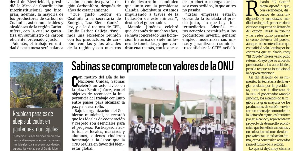 Portada RCG Carbonífera [25 de octubre de 2025] Trabajan por impulsar la economía estatal con pedidos de carbón; Sabinas se compromete con valores de la ONU y más…