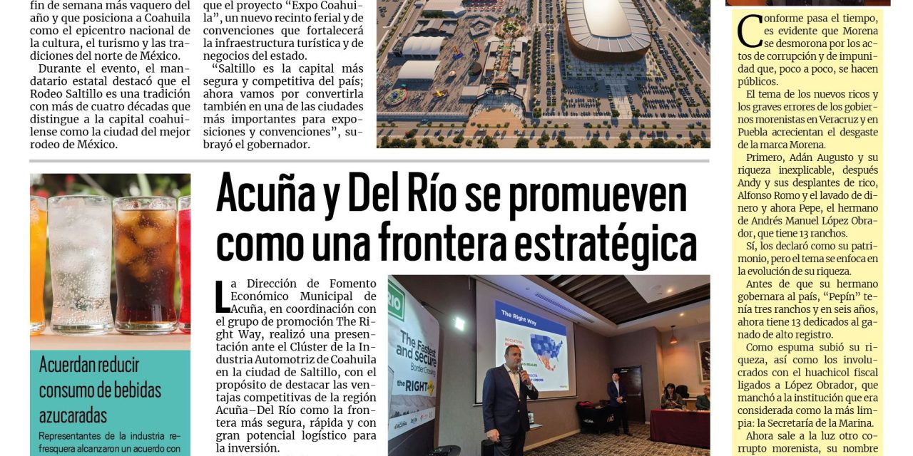 Portada RCG Fronteriza [17 de octubre de 2025] Manolo Jiménez presenta el proyecto ‘Expo Coahuila’; Acuña y Del Río se promueven como frontera estratégica y más…