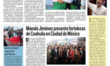 Portada RCG Lagunera [8 de octubre de 2025] Manolo y Román entregan etapa del Gran Programa de Recarpeteo; Manolo Jiménez presenta fortalezas de Coahuila en CDMX y más…