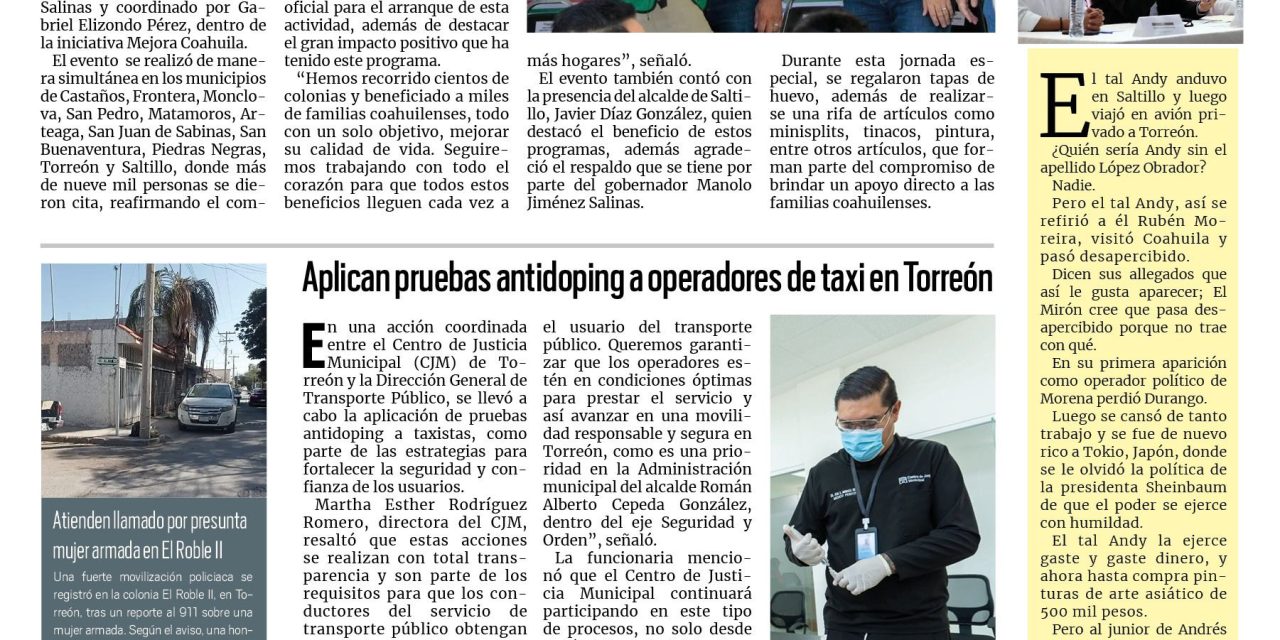 Portada RCG Lagunera [18 de octubre de 2025] Mercadito Mejora llega a su edición número 300; aplican pruebas antidoping a operadores de taxi en Torreón y más…