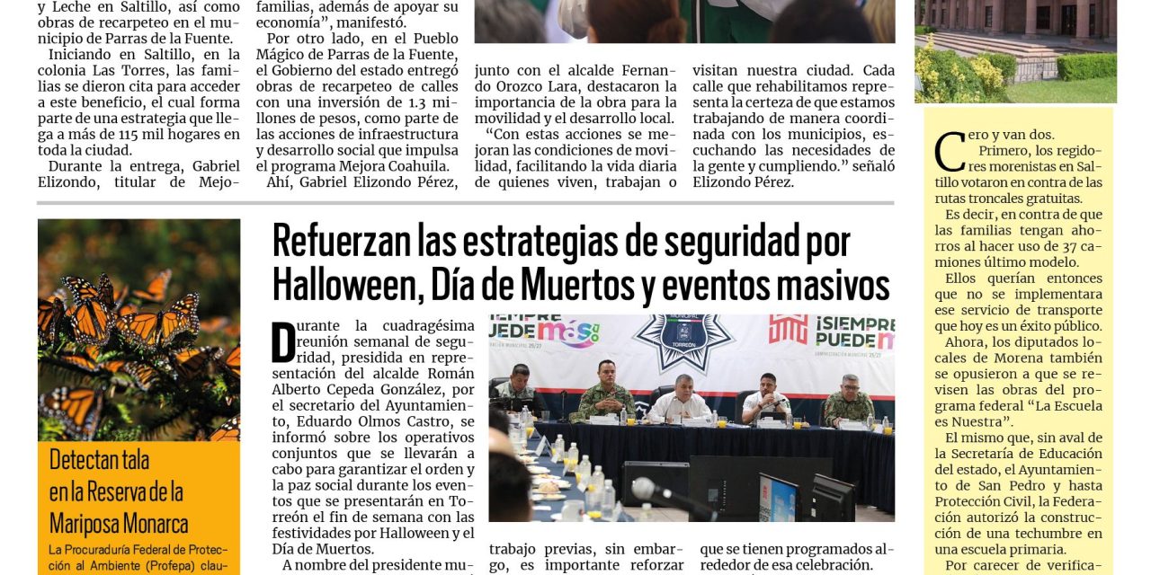 Portada RCG Lagunera [30 de octubre de 2025] Mejora Coahuila lleva más beneficios a la región Sureste; refuerzan estrategias de seguridad por Halloween, Día de Muertos y eventos masivos en la ciudad y más…