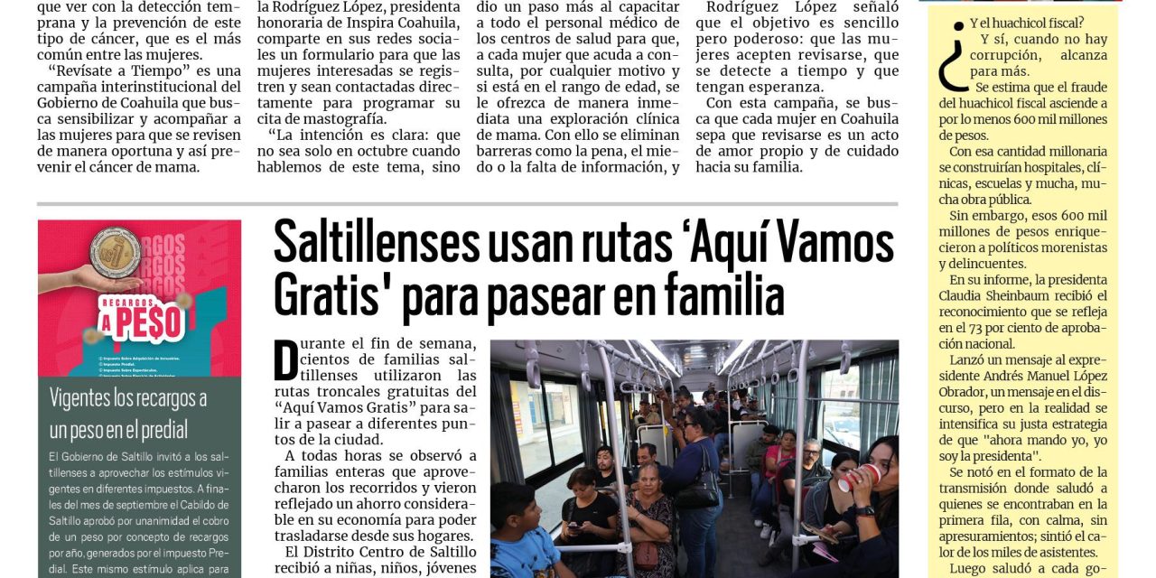 Portada RCG Media [6 de octubre de 2025] Inspira promueve la prevención y detección del cáncer de mama; saltillenses usan rutas ‘Aquí Vamos Gratis’ para pasear en familia y más…
