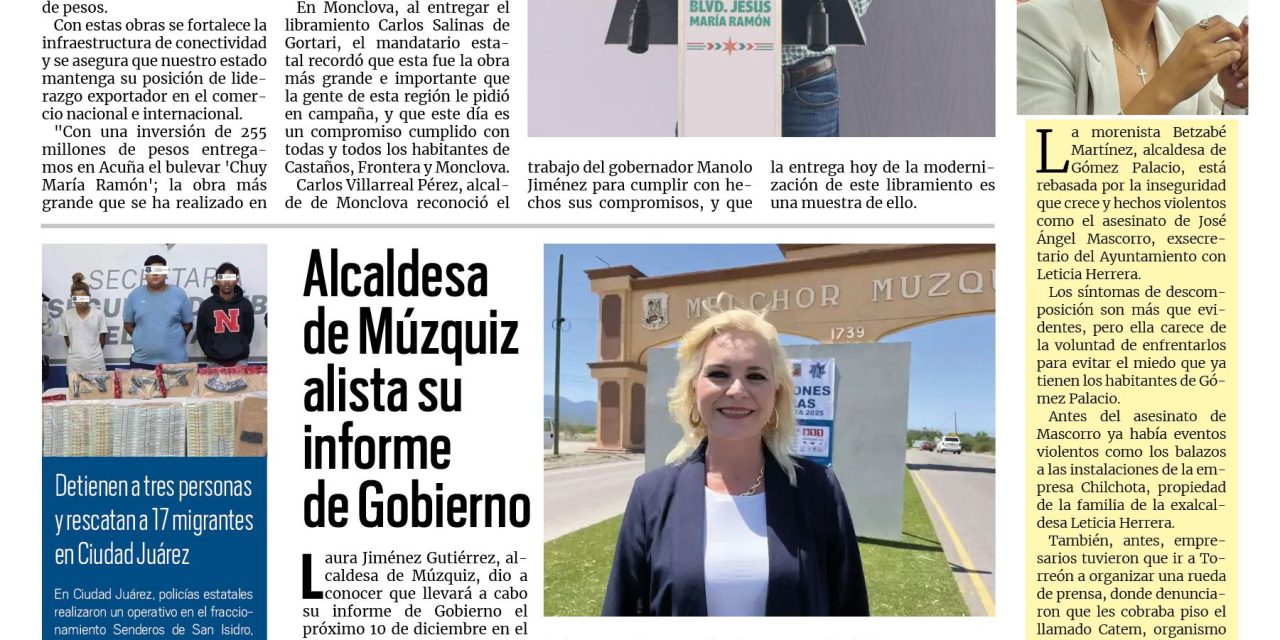 Portada RCG Carbonífera [20 de noviembre de 2025] Manolo Jiménez resalta las obras entregadas en todo Coahuila; alcaldesa de Múzquiz alista su informe y más noticias…