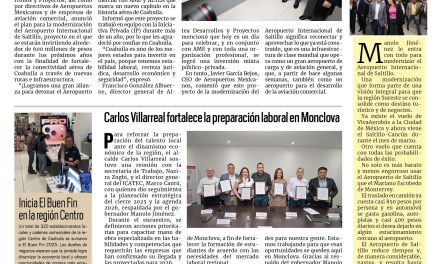 Portada RCG Centro [14 de noviembre de 2025] Manolo Jiménez anuncia inversión para renovar el Aeropuerto de Saltillo; Carlos Villarreal fortalece la preparación laboral en Monclova y más noticias…