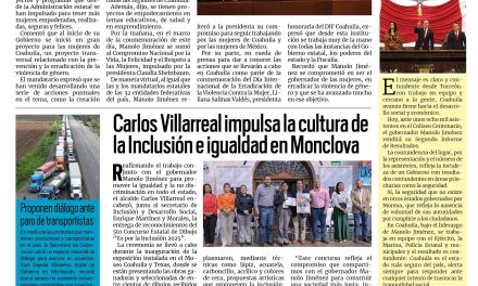 Portada RCG Centro [26 de noviembre de 2025] Trabaja Coahuila para tener mujeres empoderadas, seguras y felices; Carlos Villarreal impulsa la cultura de la Inclusión e igualdad en Monclova y más…