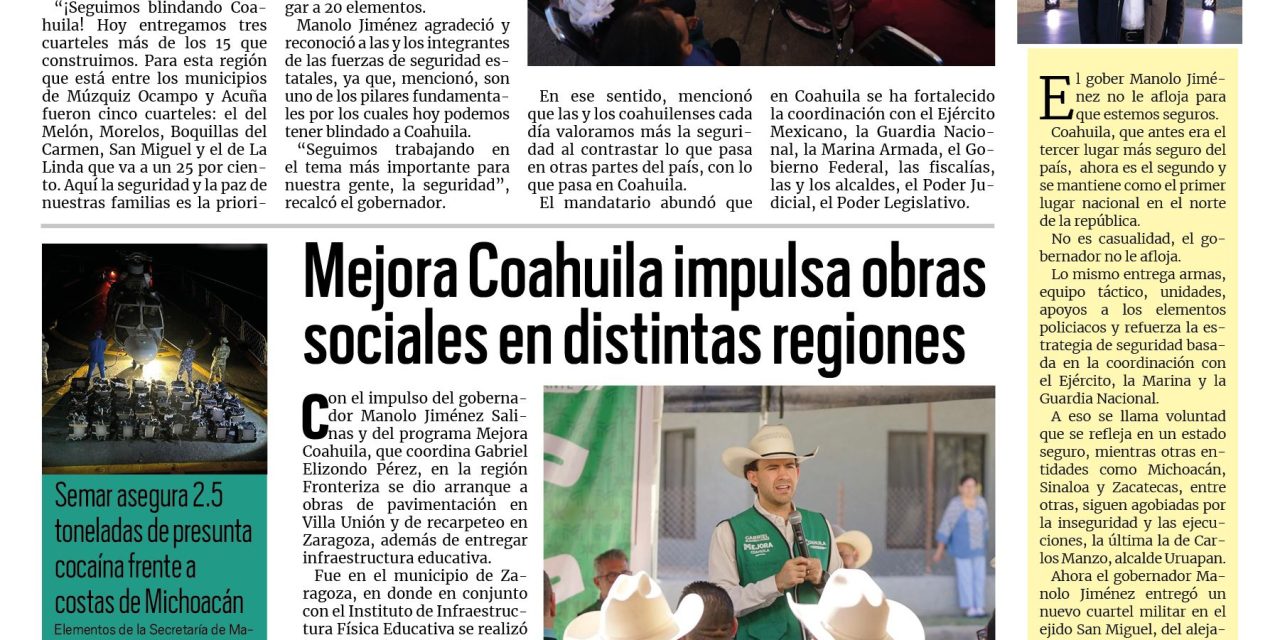 Portada RCG Fronteriza [6 de noviembre de 2025] Manolo Jiménez entrega tres cuarteles más en el estado; Mejora Coahuila impulsa obras sociales en distintas regiones y más…