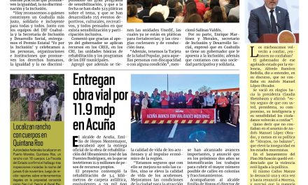 Portada RCG Fronteriza [11 de noviembre de 2025] Manolo Jiménez entrega el premio estatal ‘Yo por la Inclusión’; entregan obra vial por 11.9 mdp en Acuña y más noticias…