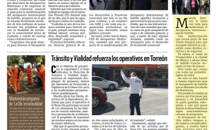 Portada RCG Lagunera [14 de noviembre de 2025] Manolo Jiménez anuncia inversión para renovar el Aeropuerto de Saltillo; Tránsito y Vialidad refuerza los operativos en Torreón y más noticias…