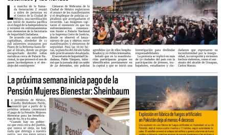 Portada RCG Nacional e Internacional [16 de noviembre de 2025] Marcha de la Generación Z reclama justicia; La próxima semana inicia pago de la Pensión Mujeres Bienestar: Sheinbaum y más…
