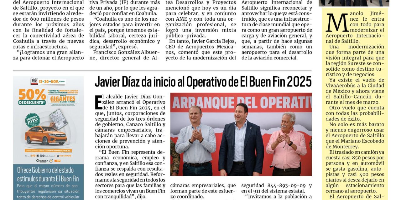 Portada RCG Media [14 de noviembre de 2025] Manolo Jiménez anuncia inversión para renovar el Aeropuerto de Saltillo; Javier Díaz da inicio al Operativo de El Buen Fin 2025 y más noticias…