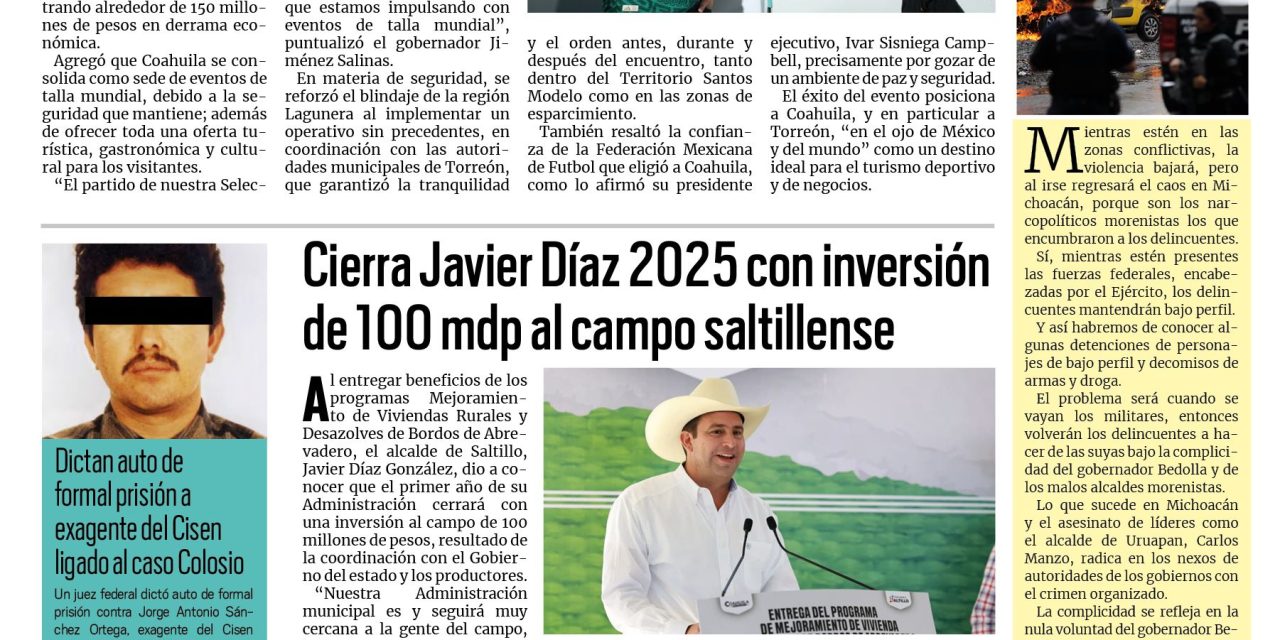 Portada RCG Media [16 de noviembre de 2025] Juego de México deja millones en derrama: Manolo; Aprovechan servicios gratuitos de las nuevas Clínicas de la Salud Popular y más…