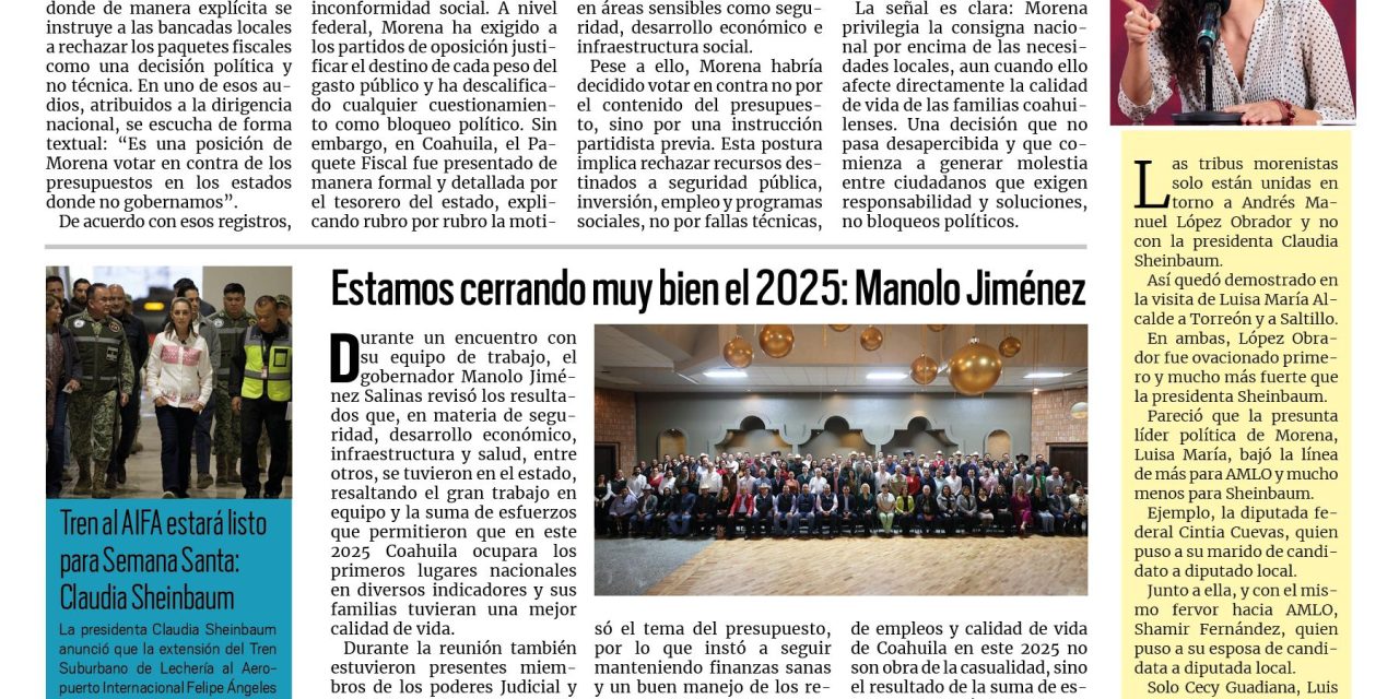 Portada RCG Carbonífera [22 de diciembre de 2025] Líder nacional de Morena ordena votar contra presupuesto de Coahuila; Alistan programas para impulsar al campo en 2026 y más…