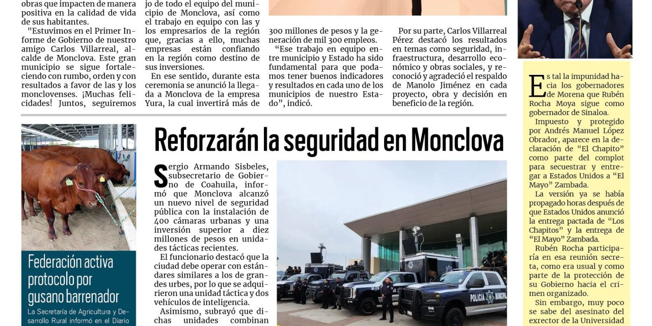 Portada RCG Centro [3 de diciembre de 2025] ‘Llevamos a los municipios de la región Centro pa´delante’; reforzarán la seguridad en Monclova y más