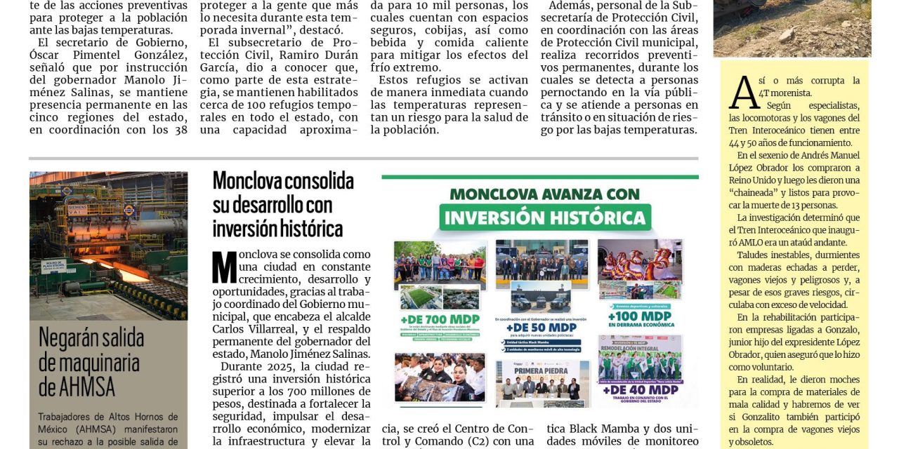 Portada RCG Carbonífera [31 de diciembre de 2025] Mantienen activo el Operativo Invernal en todo Coahuila; culminan trabajos en la calle de Victoria en Múzquiz y más…
