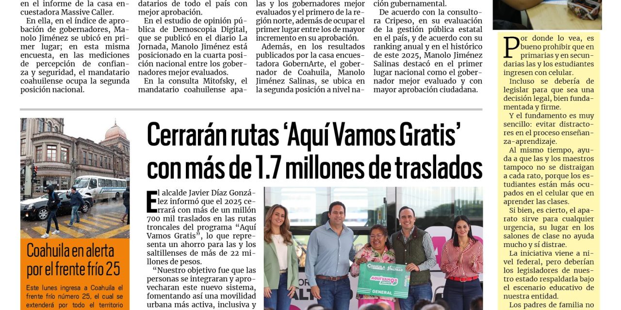 Portada RCG Media [29 de diciembre de 2025] Manolo, entre los gobernadores mejor evaluados este 2025; Cerrarán rutas ‘Aquí Vamos Gratis’ con más de 1.7 millones de traslados y más…