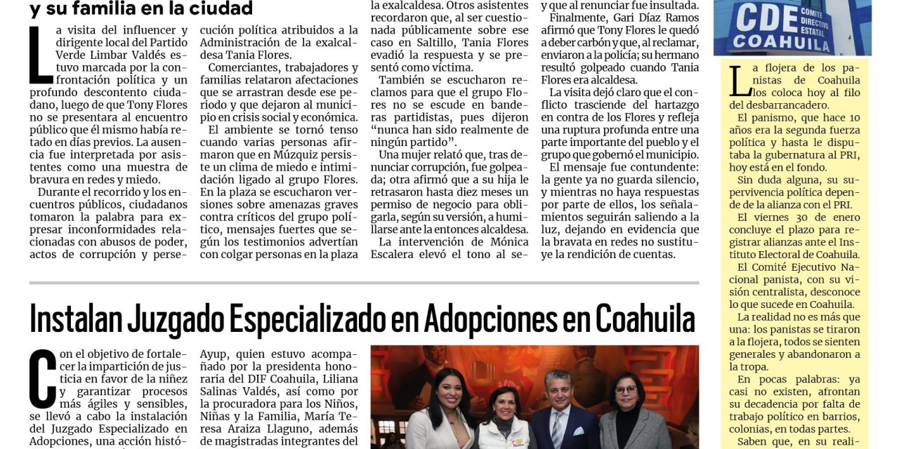 Portada RCG Carbonífera [15 de enero de 2026] Señalan intimidación y corrupción heredadas por la Administración de Tania Flores; instalan Juzgado Especializado en Adopciones en Coahuila y más…