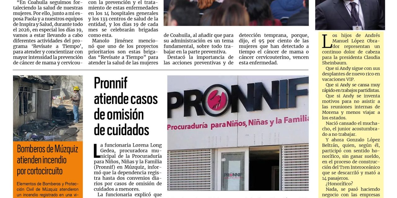 Portada RCG Carbonífera [20 de enero de 2026] Llevaremos brigadas de prevención del cáncer de mama: Manolo; Pronnif atiende casos de omisión de cuidados y más…